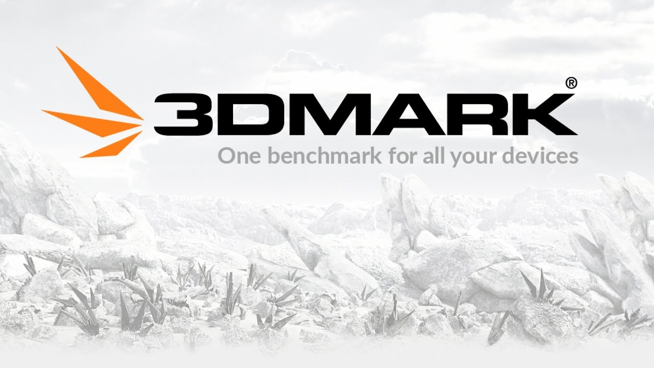 The image shows the 3DMark logo with the tagline 'One benchmark for all your devices' set against a snowy, rocky landscape.