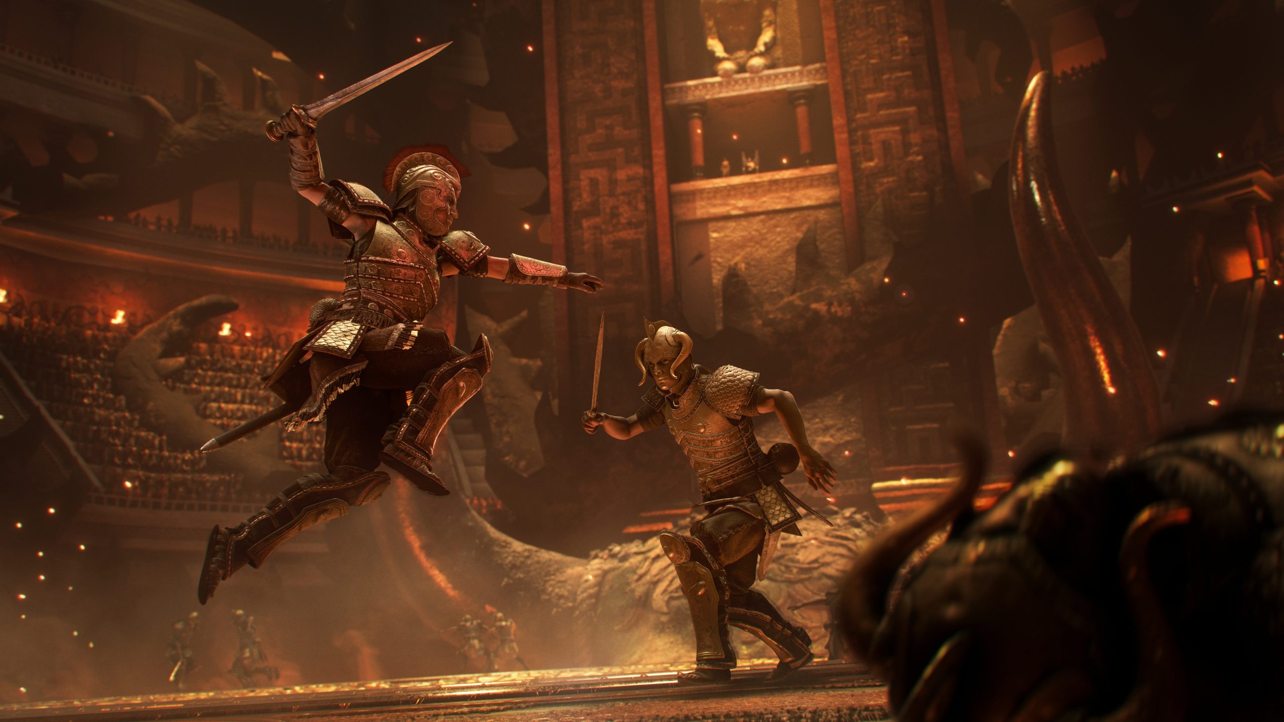 A scene from the game Assassin's Creed Odyssey shows two armored gladiators engaging in combat inside an ancient arena.