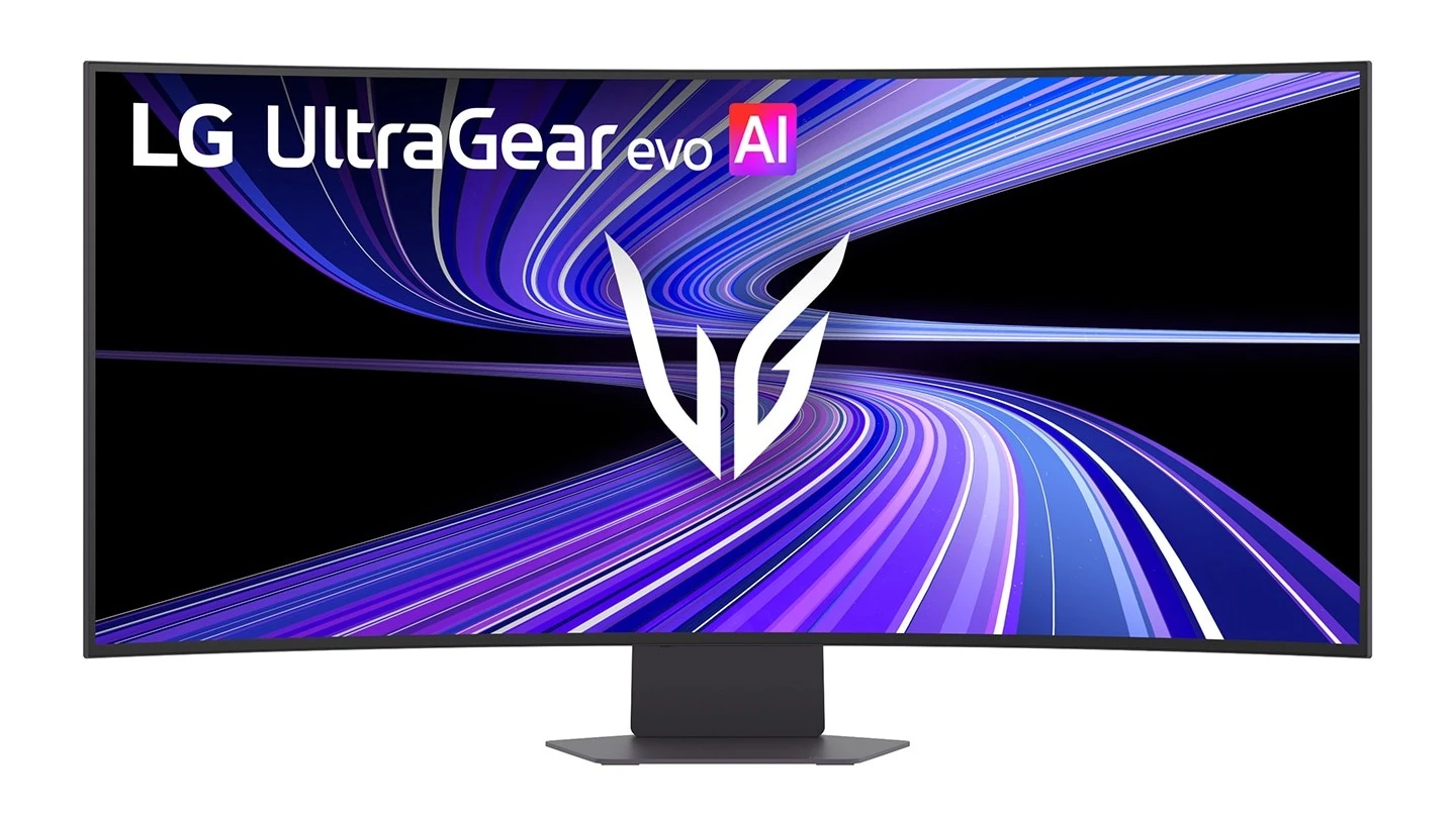 A curved LG UltraGear evo monitor displaying vibrant purple and blue lines with 'AI' text in the top corner.