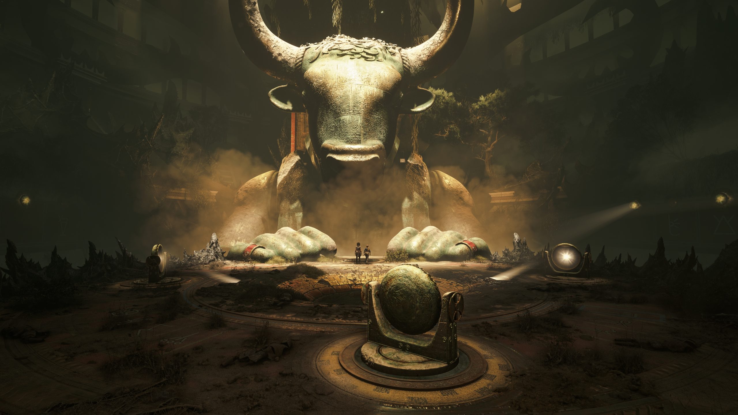 A scene from the game 'Resonance: A Plague Tale Legacy' shows two characters standing before a massive statue of a horned creature.
