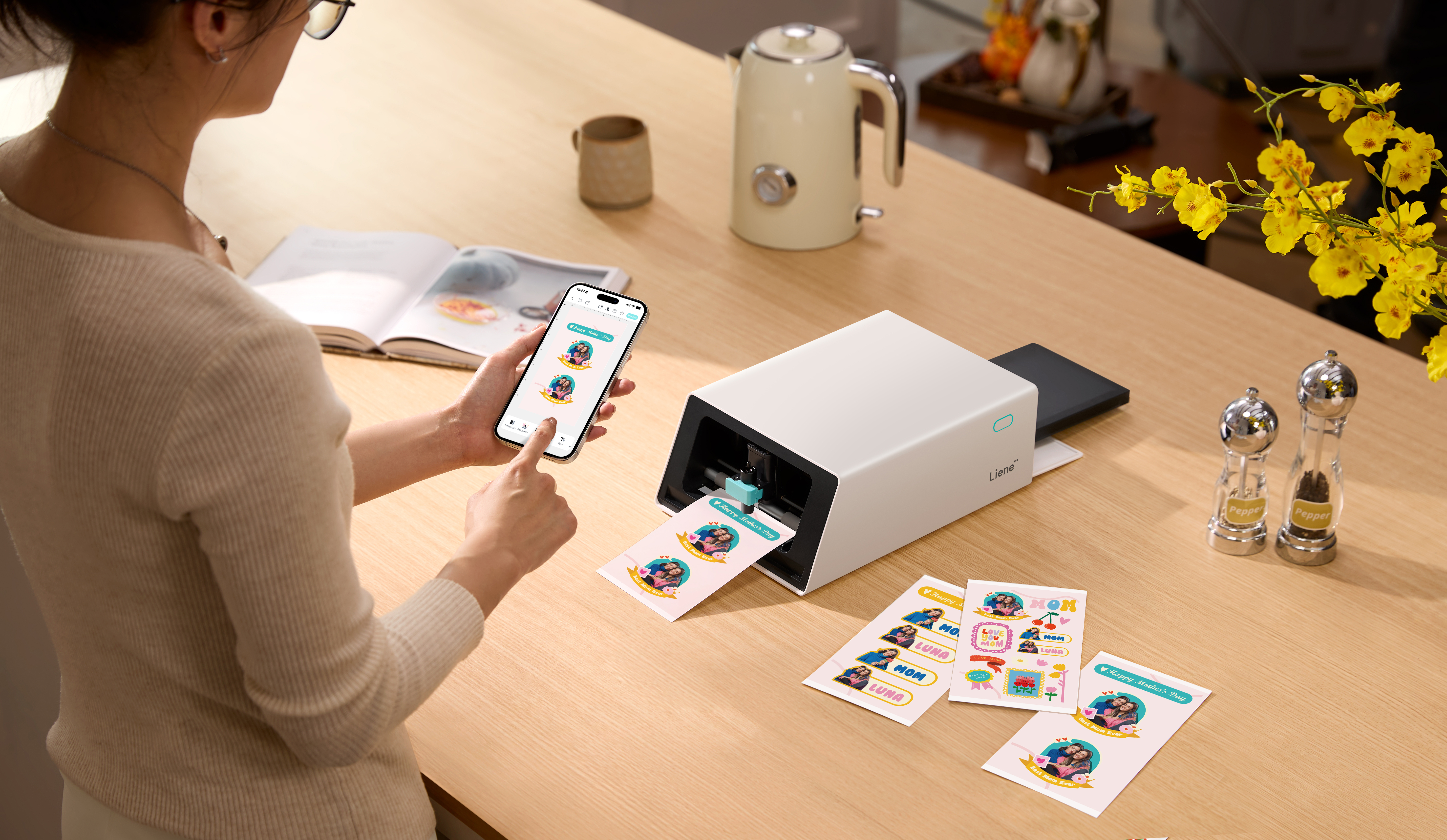 A person uses a smartphone to print colorful stickers from a Liene photo printer on a wooden table.