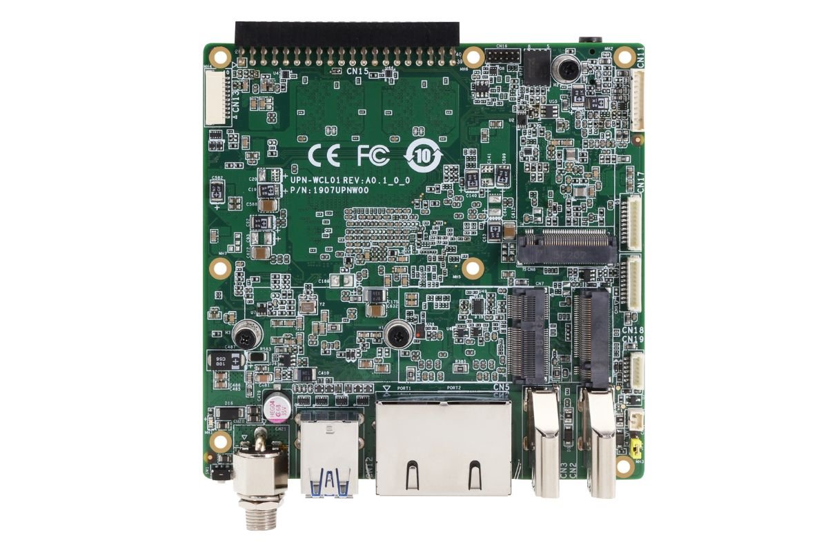 A green circuit board labeled 'UPN-WCL01 REV: A0_1_0_0' with multiple connectors, ports, and components visible.