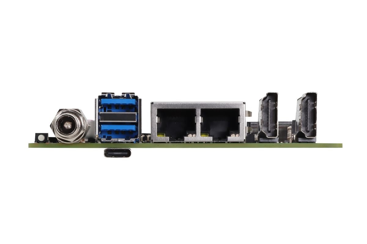 A rear view of a motherboard I/O panel featuring HDMI ports, two Ethernet ports, two USB 3.0 ports, and a USB Type-C port.