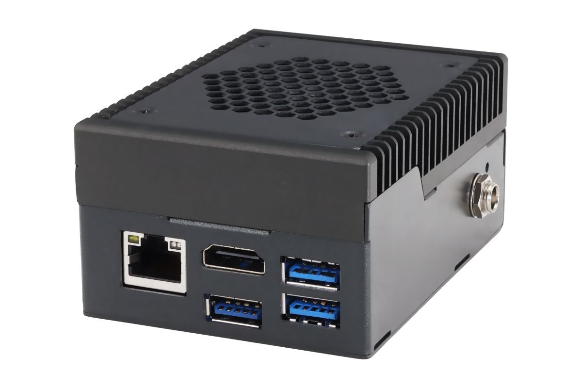 A black industrial PC case with an ethernet port, HDMI port, and multiple USB 3.0 ports on one side.