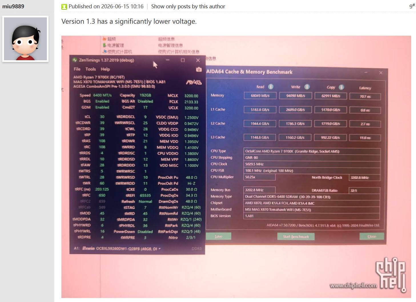 Two windows display settings and benchmark results for an AMD Ryzen 7 9700X and an MSI MAG X670 Tomahawk WiFi, showing 'ZenTimings 1.37.2019 (debug)' and 'AIDA64 Cache & Memory Benchmark,' with read speeds of 66049 MB/s and a CPU clock of 5025.5 MHz.
