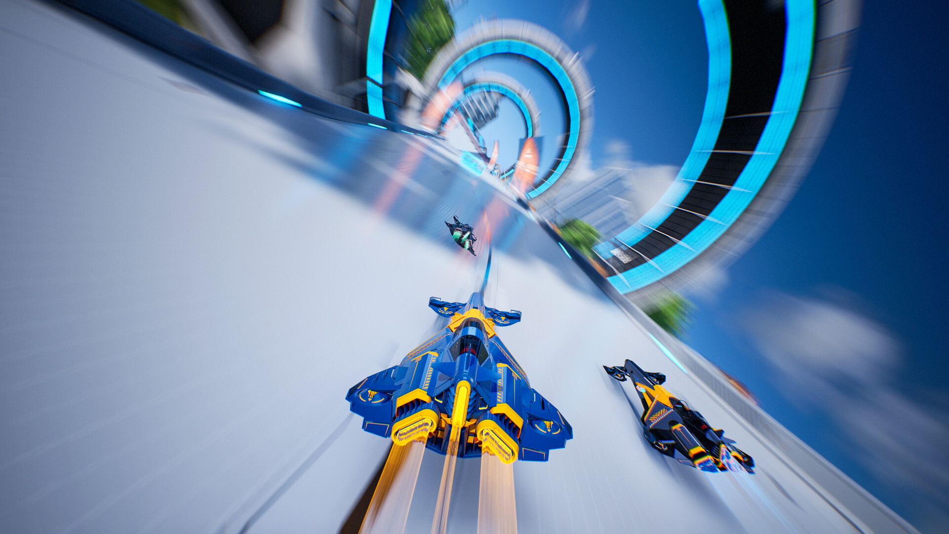 Three futuristic hover vehicles race through a high-speed, curved track in a vibrant sci-fi environment.