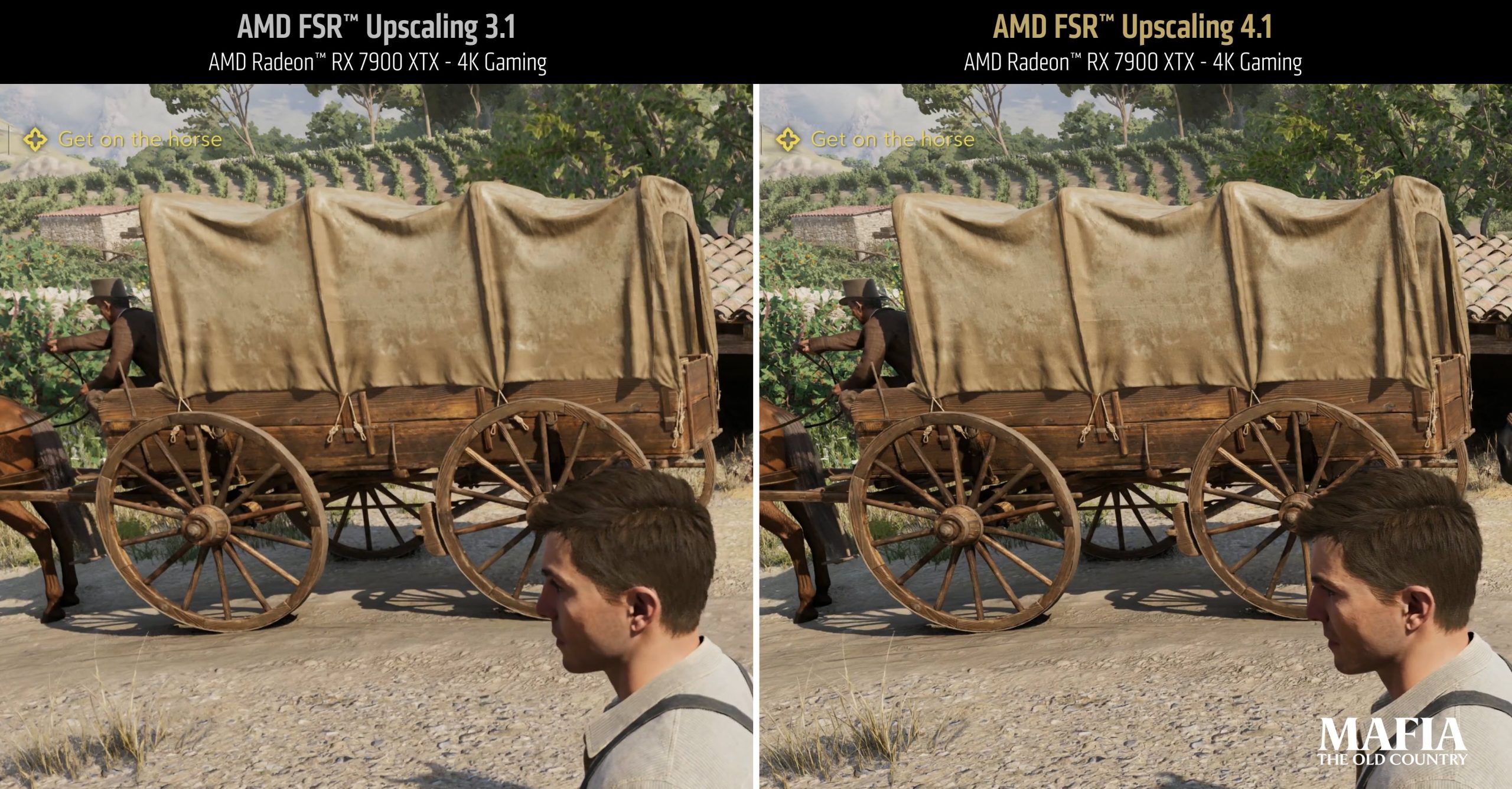 A comparison image shows 'AMD FSR Upscaling 3.1' and 'AMD FSR Upscaling 4.1' in the game 'Mafia: The Old Country,' featuring clearer details on the right with 'AMD Radeon RX 7900 XTX - 4K Gaming.'