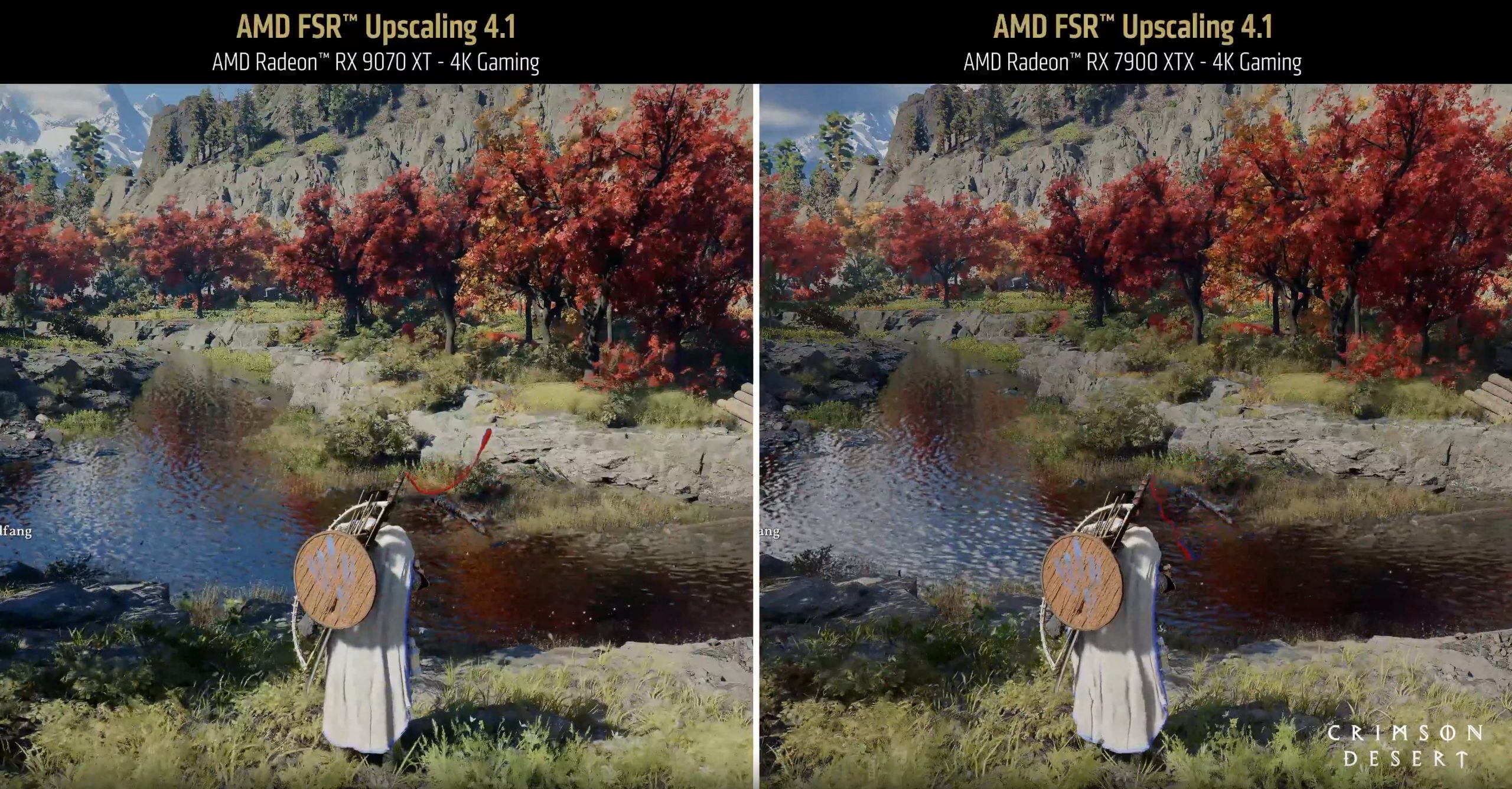 A side-by-side image comparing 'AMD FSR Upscaling 4.1' on the AMD Radeon RX 9070 XT and RX 7900 XTX in 'Crimson Desert' shows landscape differences.
