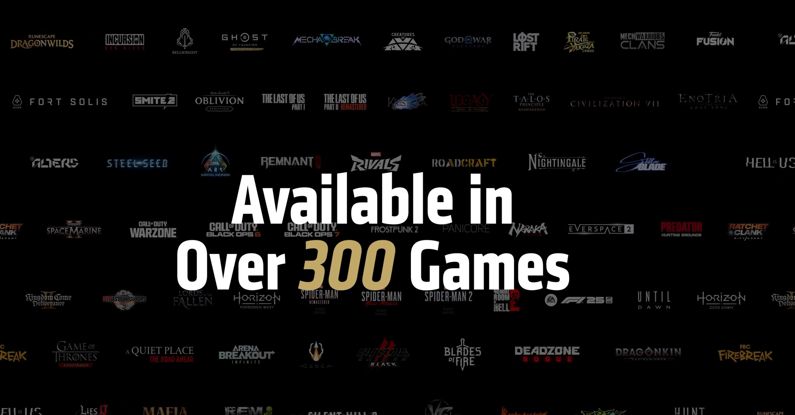 Logos of various games are displayed with the text 'Available in Over 300 Games' prominently in the center.