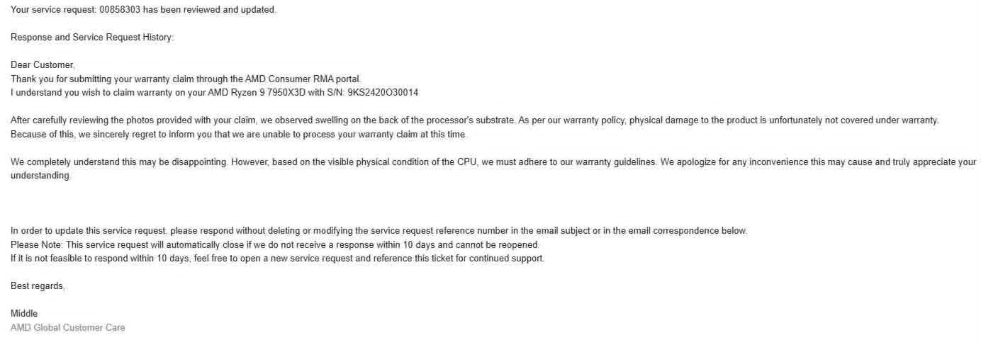 A letter from AMD Global Customer Care rejecting a warranty claim for an AMD Ryzen 9 7950X3D due to swelling on the processor's substrate, with service request number 00858303.