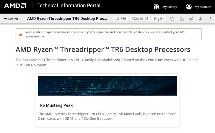 The webpage shows details about AMD Ryzen Threadripper TR6 desktop processors with Zen6 2-nm cores, DDR5, and PCIe Gen 6 support, listed under 'TR6 Mustang Peak'.