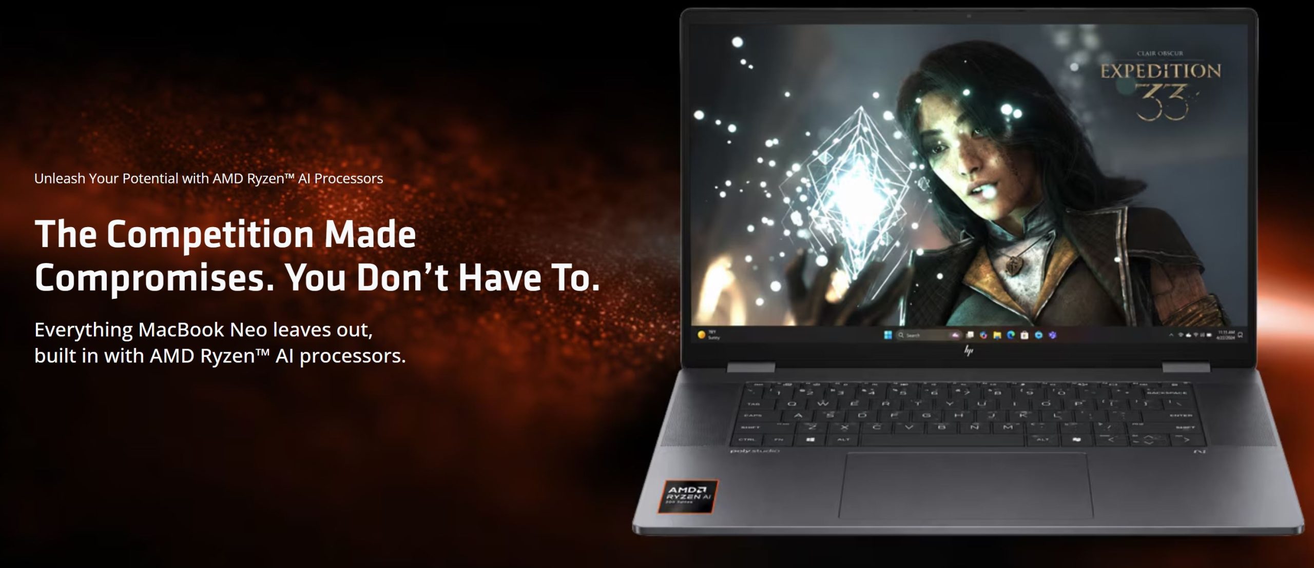 An HP laptop displaying the game 'Expedition 33' is shown with the text 'The Competition Made Compromises. You Don’t Have To,' and features an AMD Ryzen AI processor sticker.
