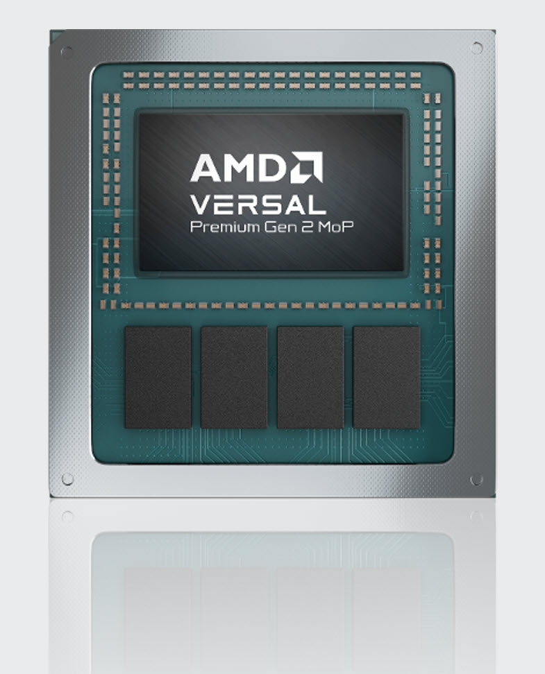 An AMD Versal Premium Gen 2 MoP chip with exposed circuitry and components.
