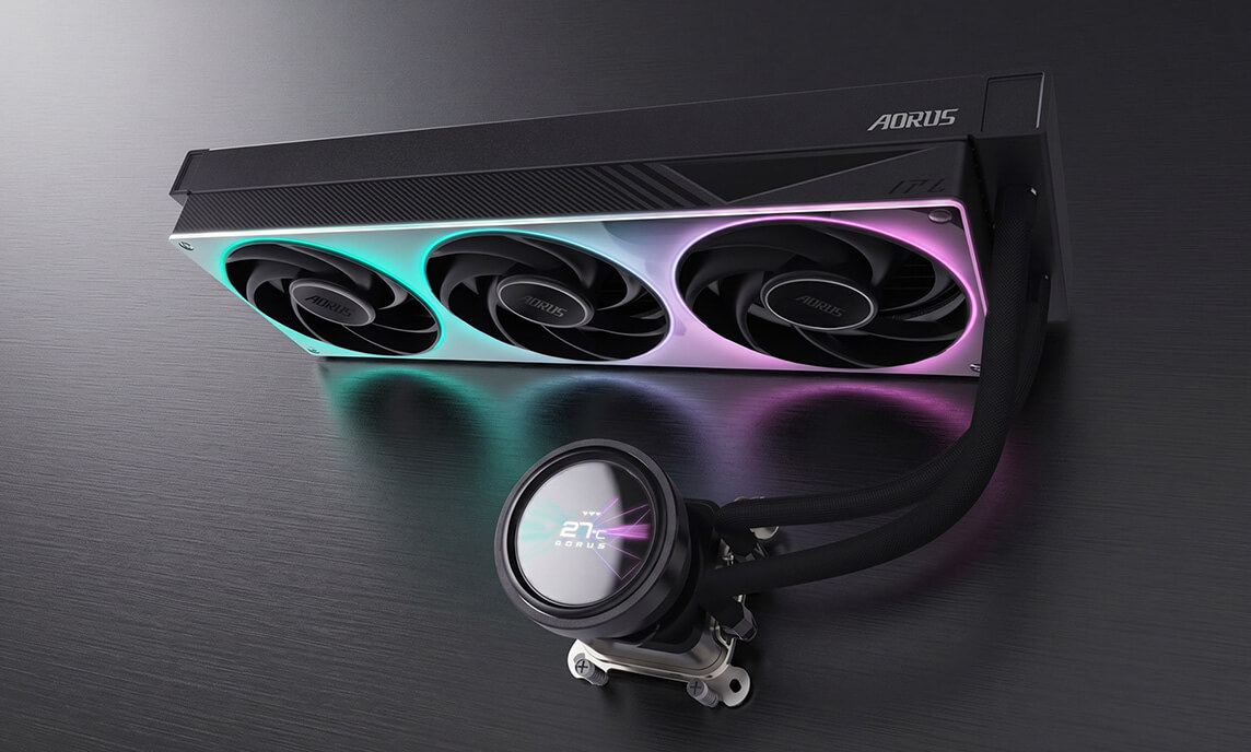 An AORUS liquid cooling system with three RGB fans and a display reading '27°C' on the pump unit.