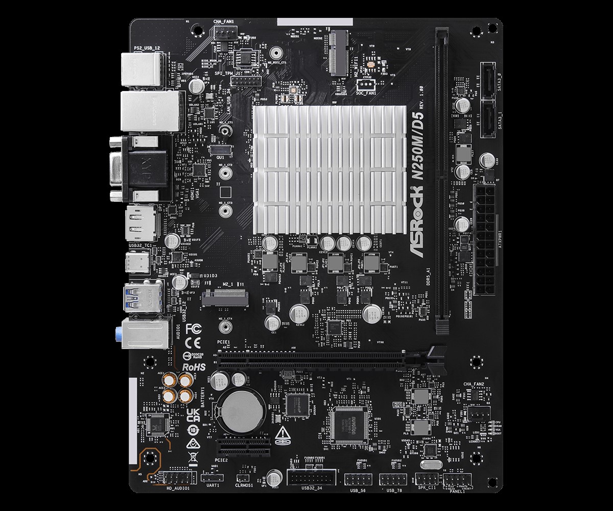 An ASRock N250M/D5 motherboard with visible ports and components.