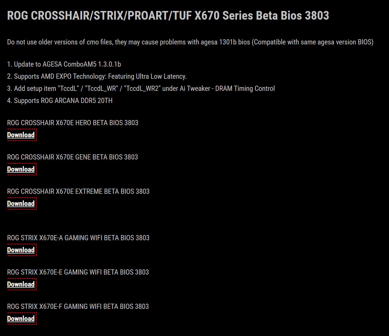 A list detailing 'ROG CROSSHAIR/STRIX/PROART/TUF X670 Series Beta Bios 3803' updates for several motherboard models with 'Download' buttons next to each model.