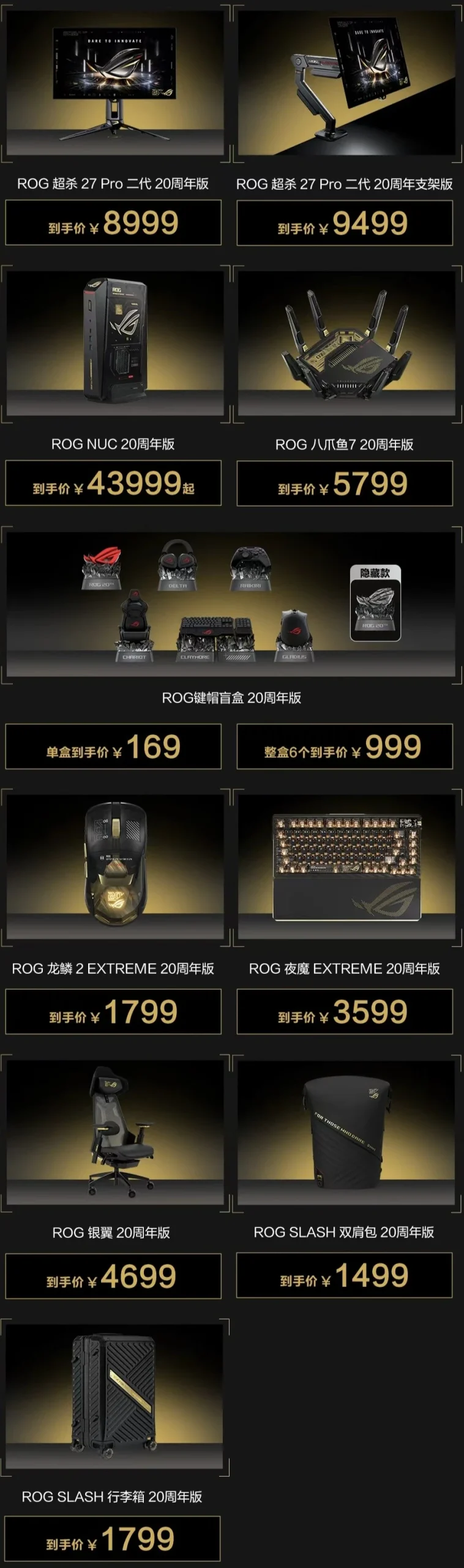 A collection of Asus ROG 20th Anniversary edition products are displayed, including the 'ROG 超杀 27 Pro 二代 20周年版' monitor priced at ¥8999, 'ROG 龙鳞 2 EXTREME 20周年版' mouse at ¥1799, and 'ROG SLASH 行李箱 20周年版' suitcase at ¥1799, among other items.