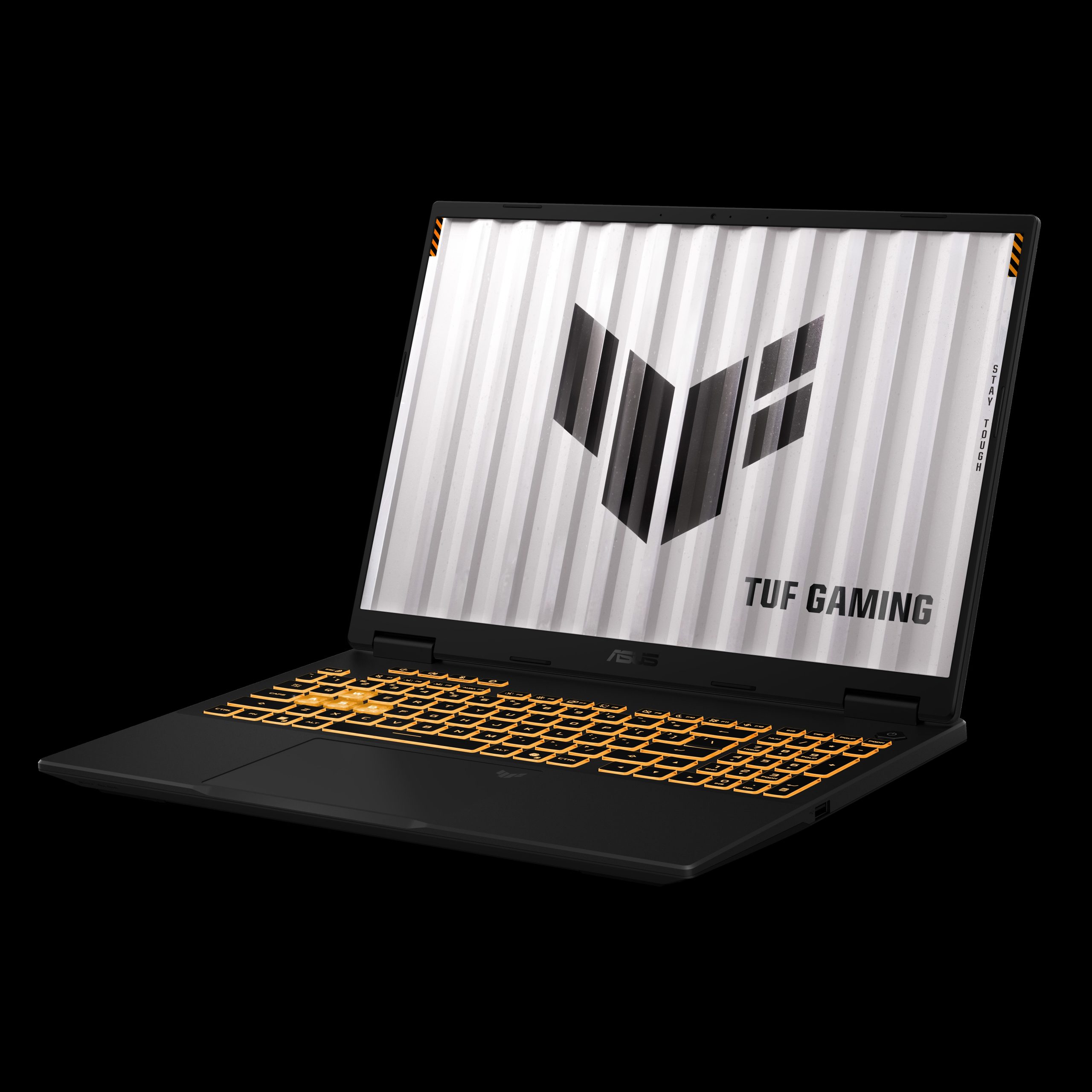 An ASUS TUF Gaming laptop with an illuminated orange keyboard and a screen displaying the 'TUF Gaming' logo.