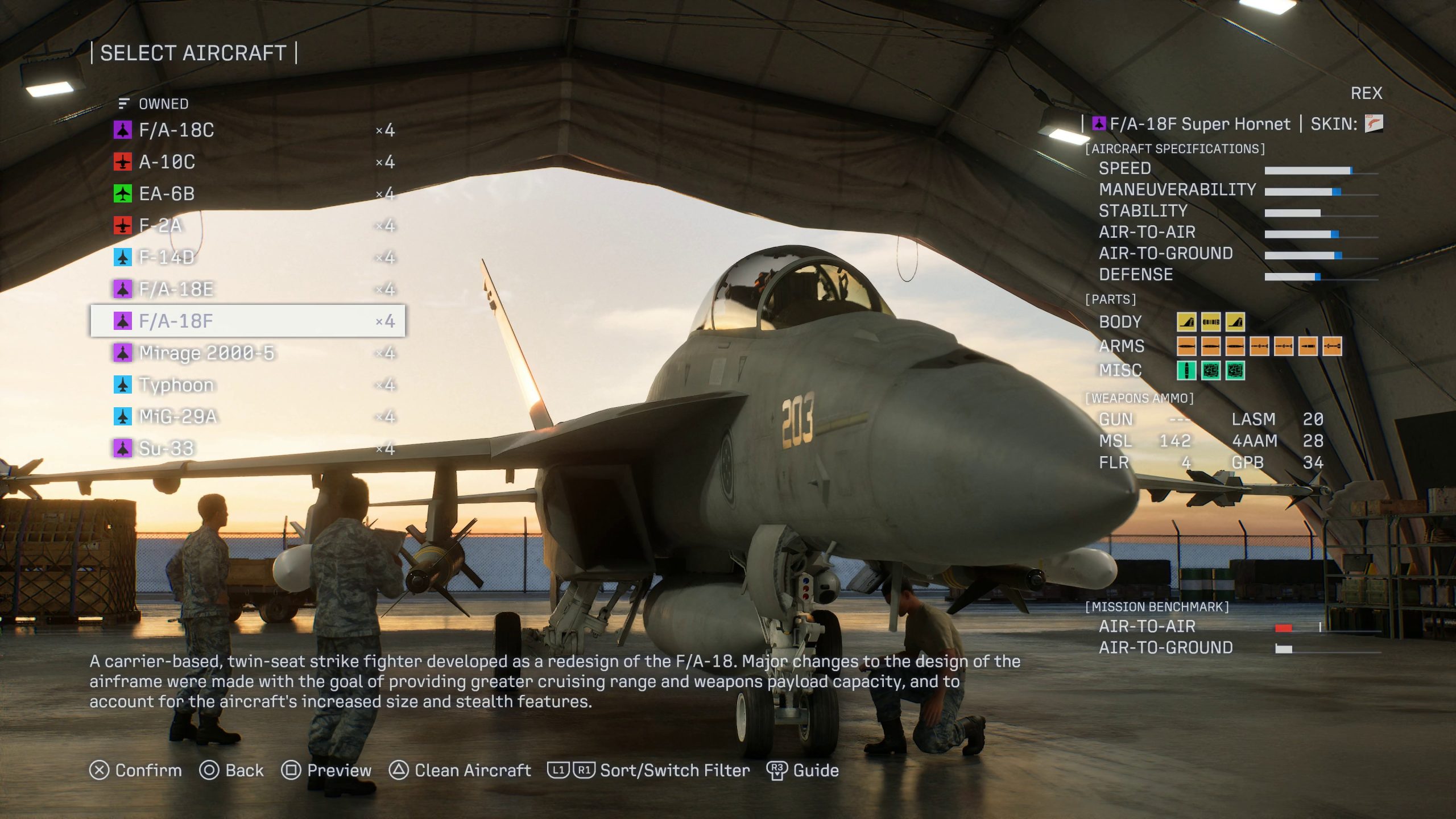 The game screen shows a list of aircraft models available for selection, highlighting the 'F/A-18F' with specifications and balance stats, alongside a visual of the aircraft in a hangar with military personnel nearby.
