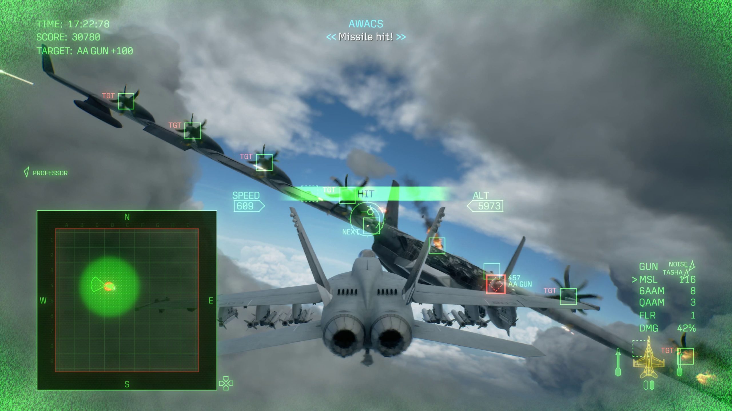 A fighter jet in the game 'Ace Combat 7' engages in an aerial dogfight, showing on-screen text 'Missile hit!' and dashboard information including speed, altitude, and various targets.