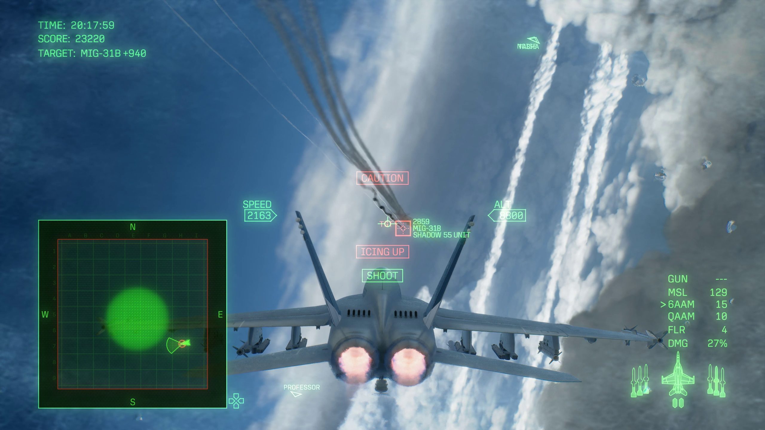 A fighter jet in a video game cockpit view targets a MiG-31B with on-screen text displaying 'Caution,' 'Icing Up,' and statistics such as speed 2163 and altitude 8800.