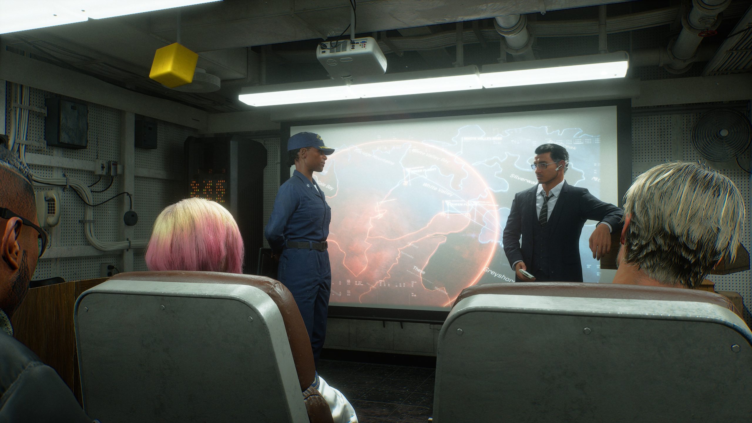 A military briefing scene from the game 'Call of Duty: Modern Warfare III' shows characters in discussion with a large map projected on a screen.