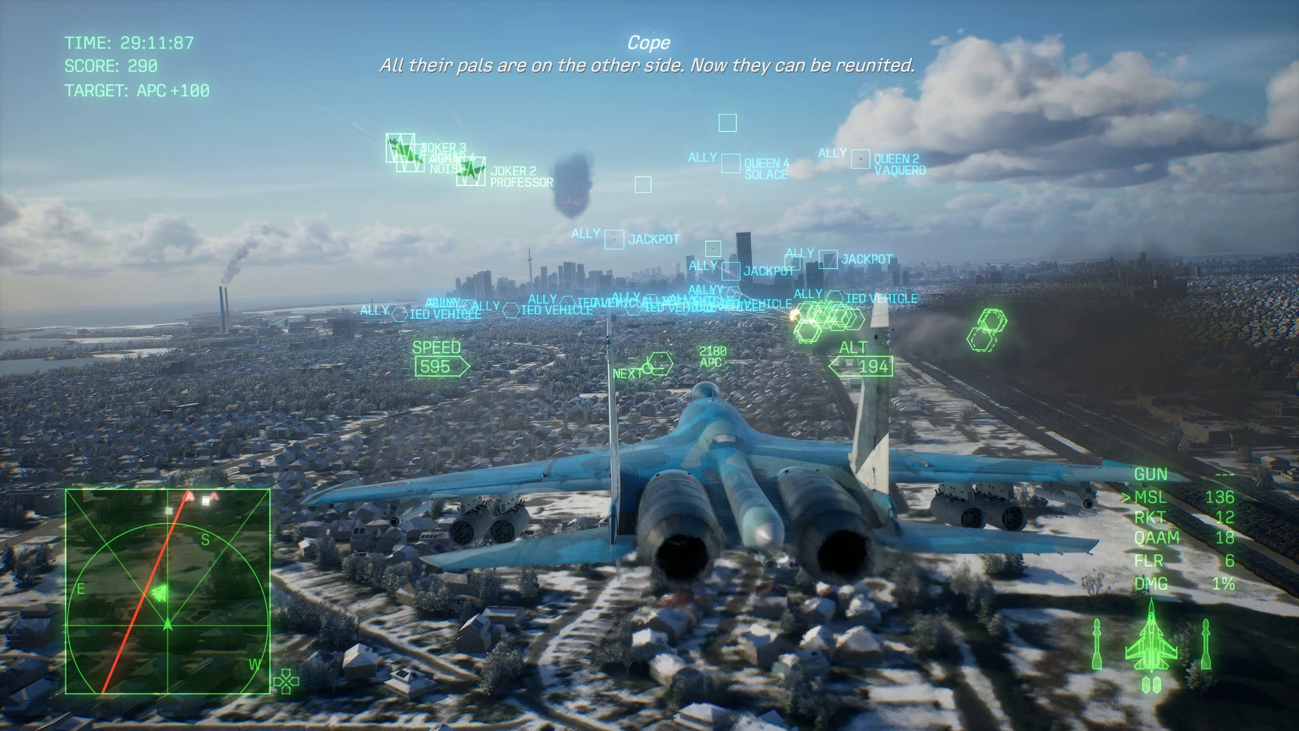In the game Ace Combat 8, a fighter jet flies over a snowy cityscape with HUD elements displaying 'TIME: 29:11:87,' 'SCORE: 290,' and 'SPEED: 595,' accompanied by dialogue reading All their pals are on the other side. Now they can be reunited.