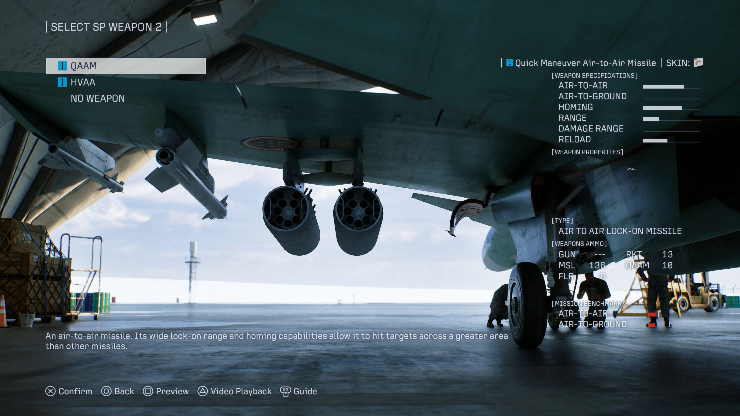 A game screen from Ace Combat 8: Wings of Theve Unknown shows the selection of SP Weapon 2, highlighting the 'Quick Maneuver Air-to-Air Missile', alongside specifications for air-to-air and air-to-ground capabilities.