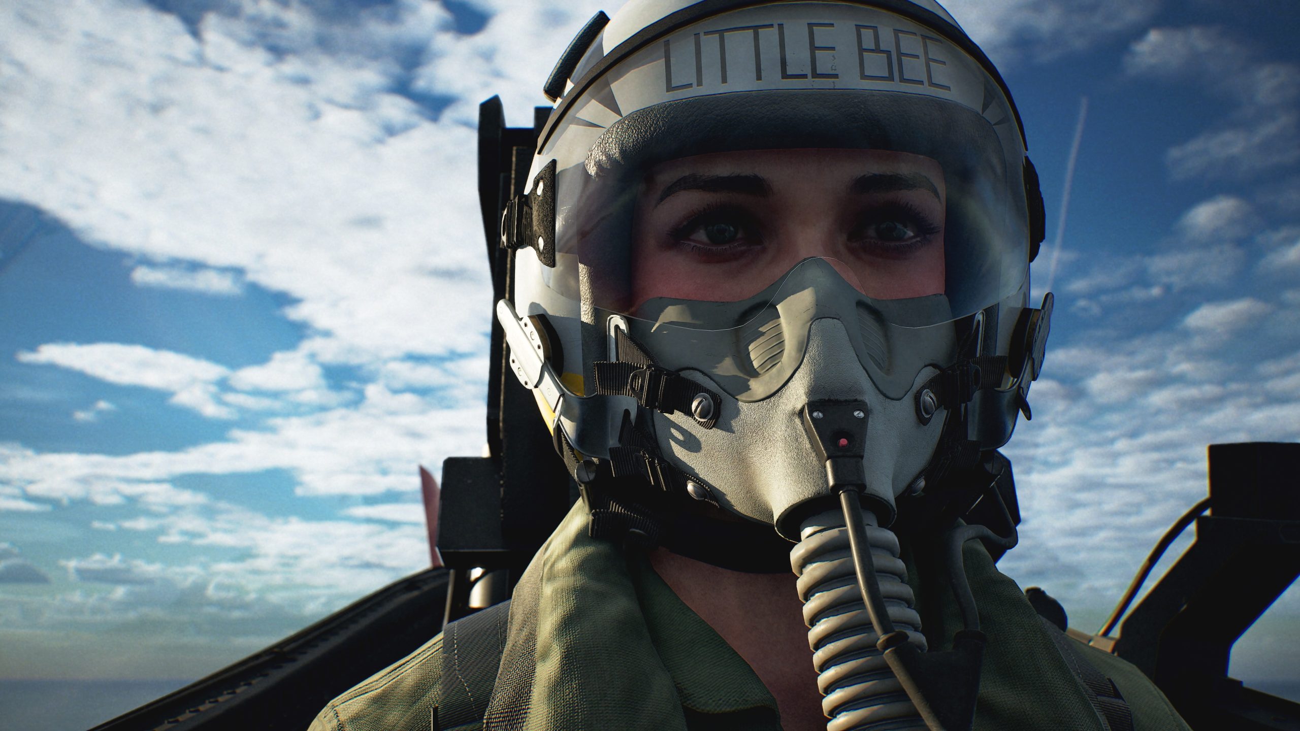 A pilot wearing a helmet labeled 'LITTLE BEE' in a flight simulator scene against a cloudy sky.