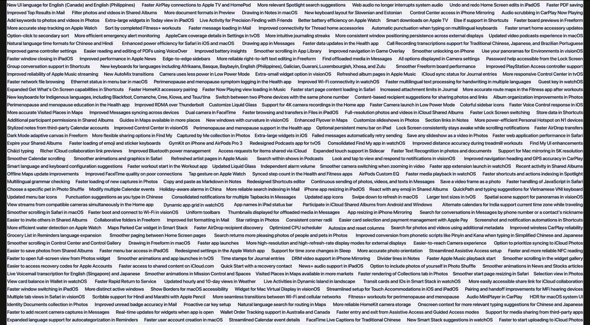 A densely packed list highlights new features and improvements for Apple's software updates, including enhancements for macOS, iPadOS, and watchOS.