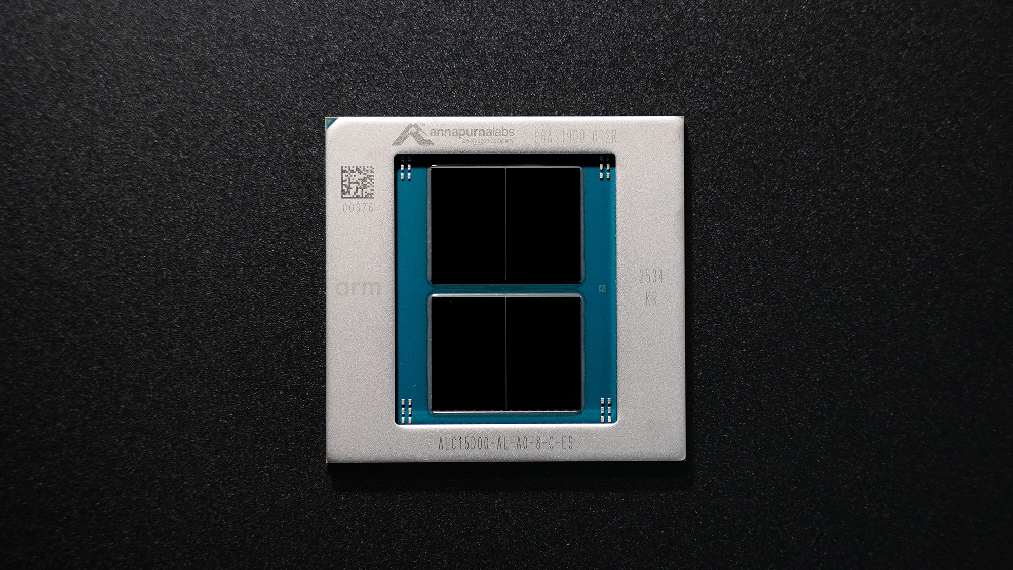A close-up of an Annapurna Labs chip labeled ALC15D00 AL-A0-8-C-ES with the Arm logo on a textured black background.