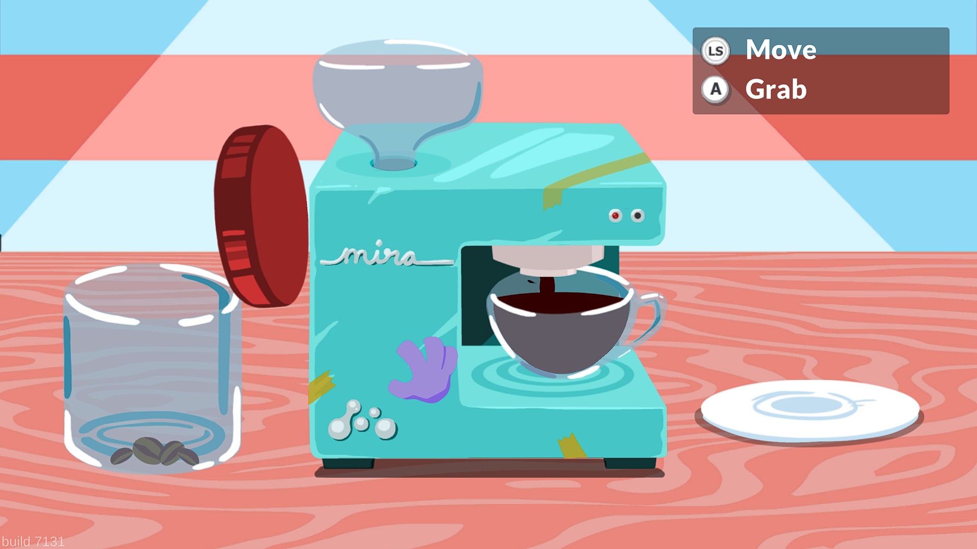 A turquoise coffee machine labeled mira is brewing coffee into a cup, with a button prompt displaying 'LS Move A Grab' in the top right corner.