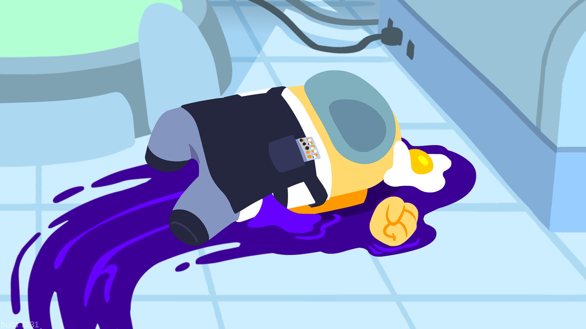 An animated character from the game Among Us lies on the floor with purple liquid and a fried egg motif next to it, depicting a defeated crewmate in a spaceship setting.