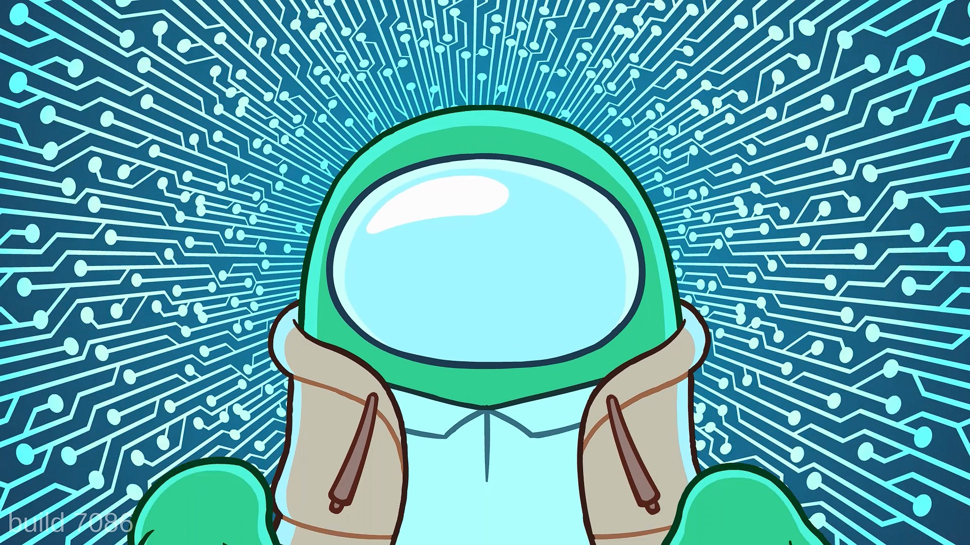 An animated character resembling an astronaut is set against a blue circuit board pattern background, with the text 'build 2086' in the bottom left corner.