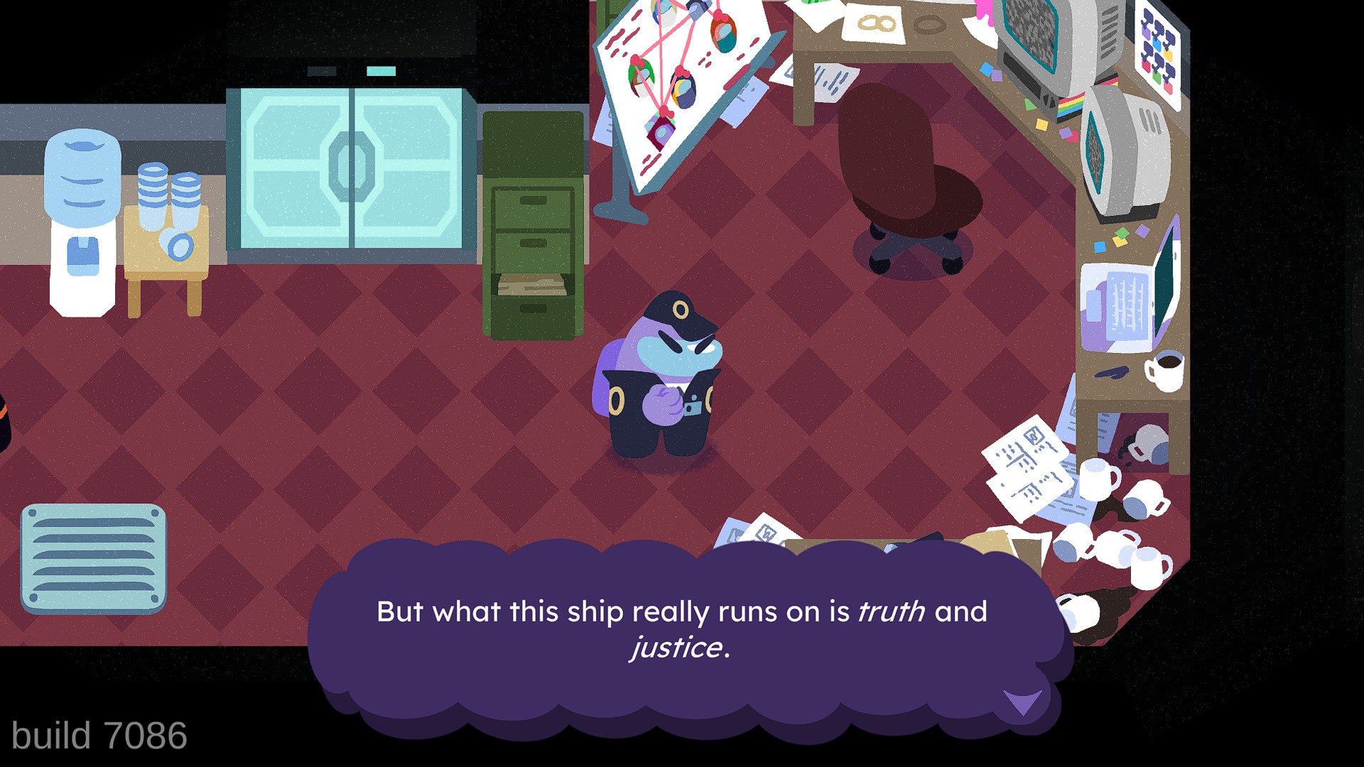 A cartoonish scene from a game shows a character in a police uniform standing in an office, with the text 'But what this ship really runs on is truth and justice' displayed at the bottom.