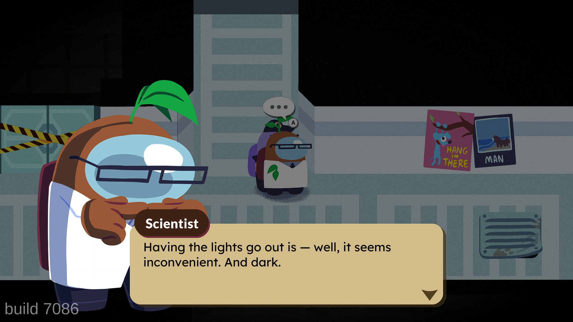 A character in a lab coat with a leaf sprout on its head, labeled 'Scientist,' says, Having the lights go out is — well, it seems inconvenient. And dark, in a game scene with 'build 7086' displayed at the bottom.
