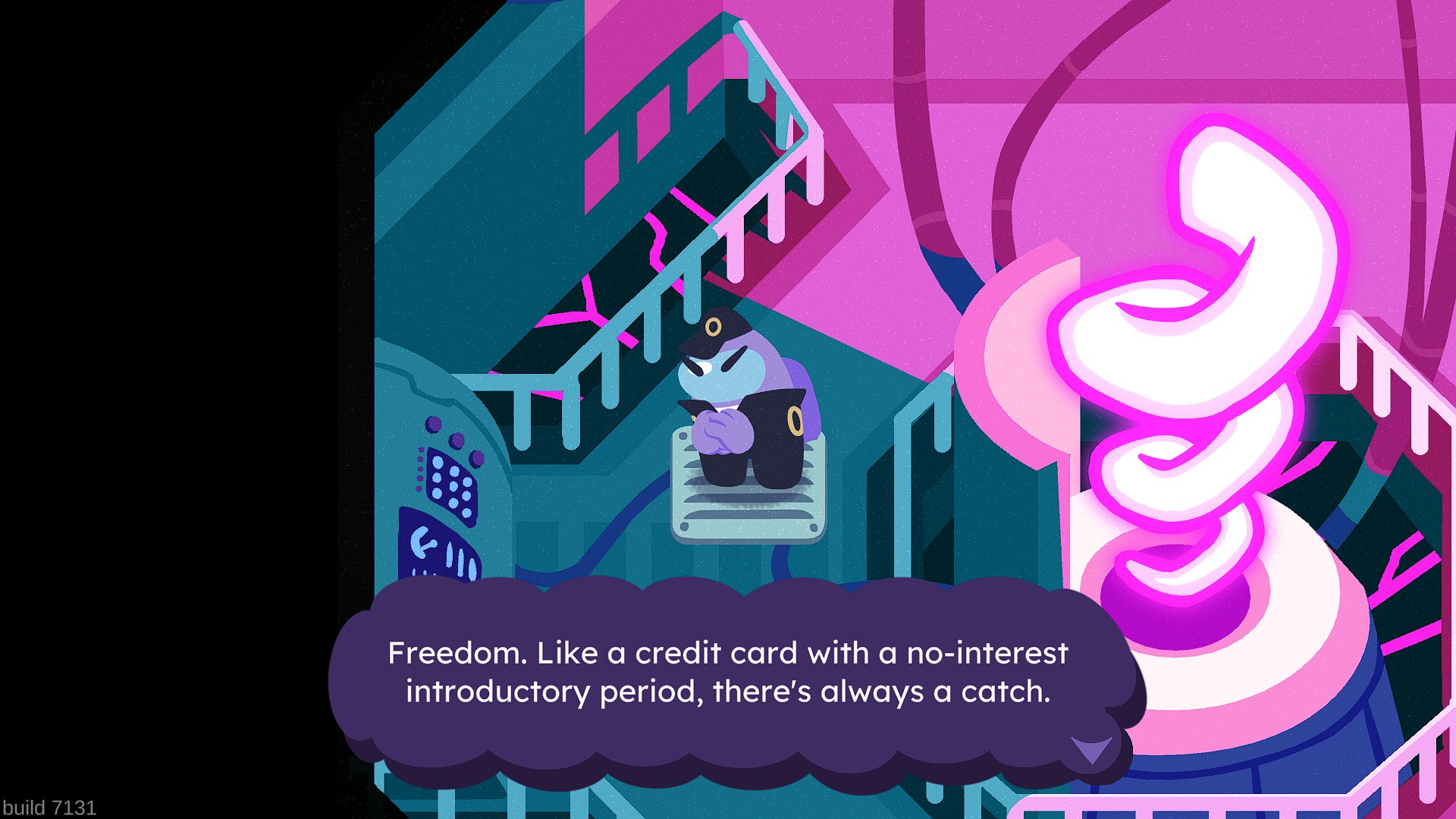 A stylized purple and pink digital illustration features a small character with a hat sitting on a platform in a futuristic setting, with the on-screen text reading, 'Freedom. Like a credit card with a no-interest introductory period, there’s always a catch.'