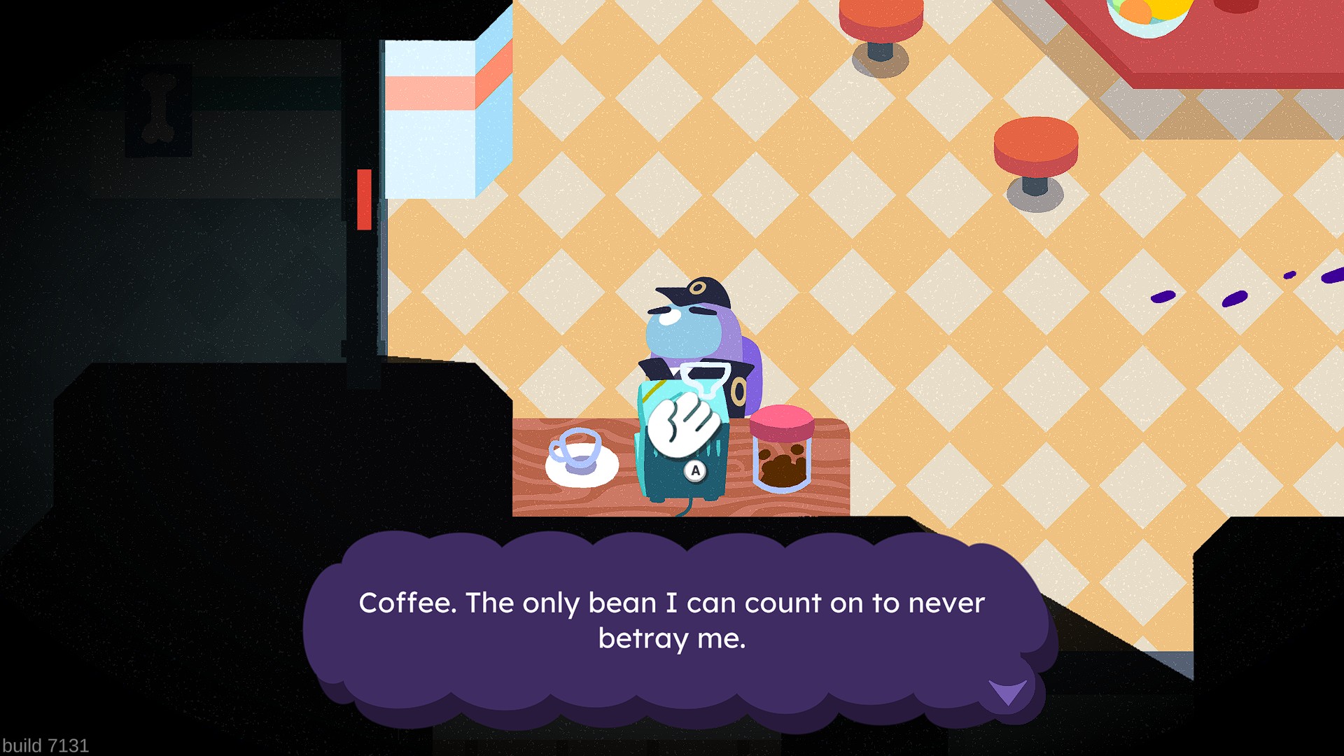 A cartoon character in a cap and apron stands at a counter with a coffee cup and jar, accompanied by the text, Coffee. The only bean I can count on to never betray me.