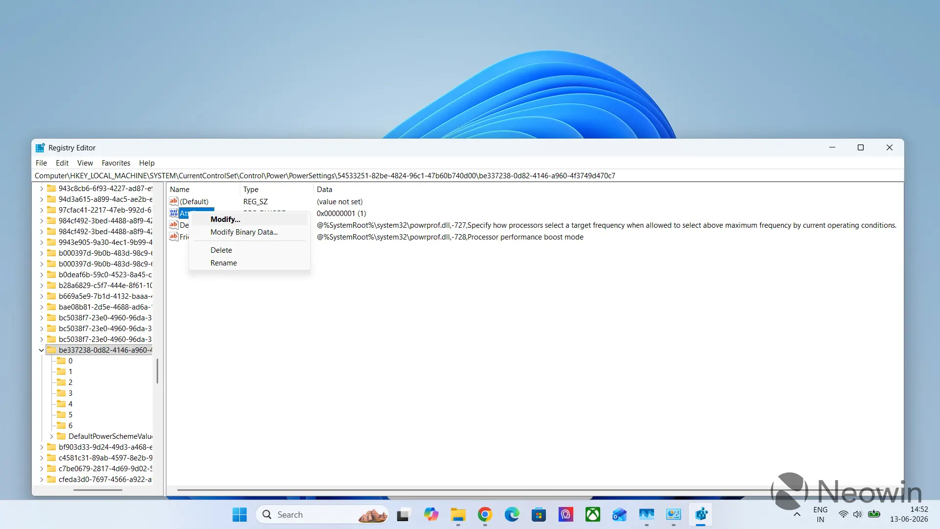 The Windows Registry Editor displays a menu with the 'Modify...' option highlighted for the entry under a specific PowerSettings hash, with details related to processor performance boost mode.