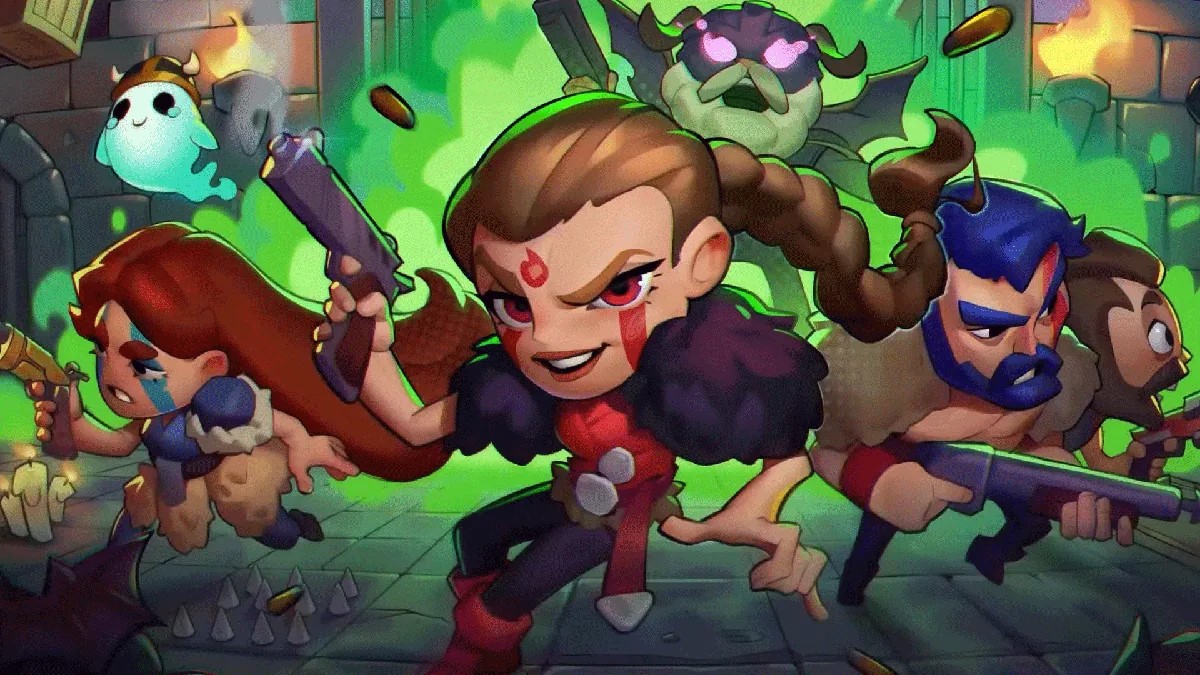 Characters in a colorful, cartoon-style game scene, armed with guns and surrounded by green energy and floating coins, ready for action.