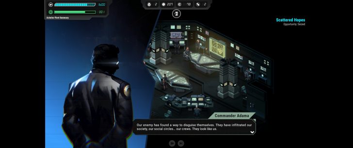 A character in a 'Scimitar Fleet Summary' game screen talks about enemies disguising themselves, with Commander Adama's dialogue displayed.