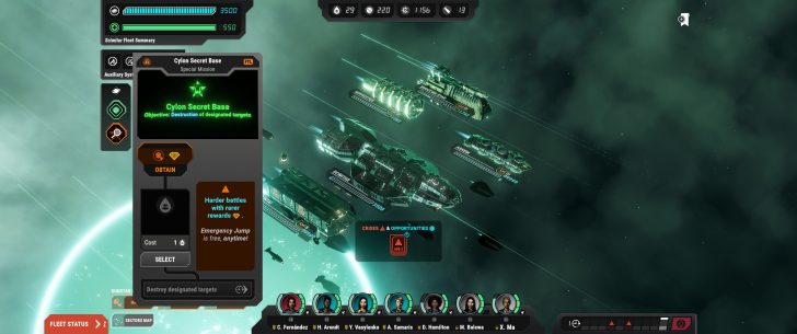 A fleet of spaceships labeled Scimitar, Ashur, and Hermione, navigates a mission interface labeled 'Cylon Secret Base' with objectives to 'Destroy designated targets,' displaying status bars and crew member icons.