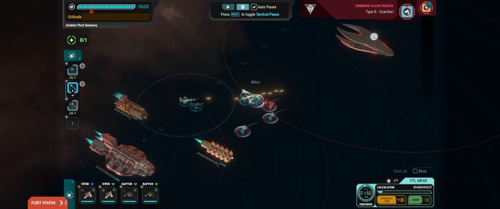 A space battle interface from a video game shows multiple ships labeled as Viper and Raptor engaging a Cerberus-class Frigate Type B - Guardian with actions like Miss while the FTL Drive is calculating.