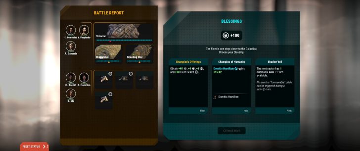 A game interface titled 'Battle Report' displays three ship names: Scimitar, Hippolytus, and Shooting Star, alongside crew members with names like C. Fernández and D. Hamilton, and a 'Blessings' section offers choices such as 'Champion of Humanity: Domitia Hamilton gains +15 XP'.