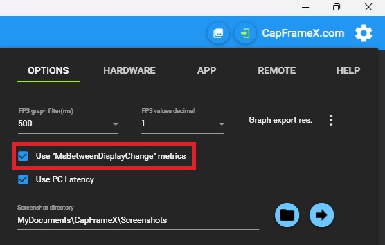 The CapFrameX software interface shows options to enable 'Use MsBetweenDisplayChange metrics' along with a designated screenshot directory path.