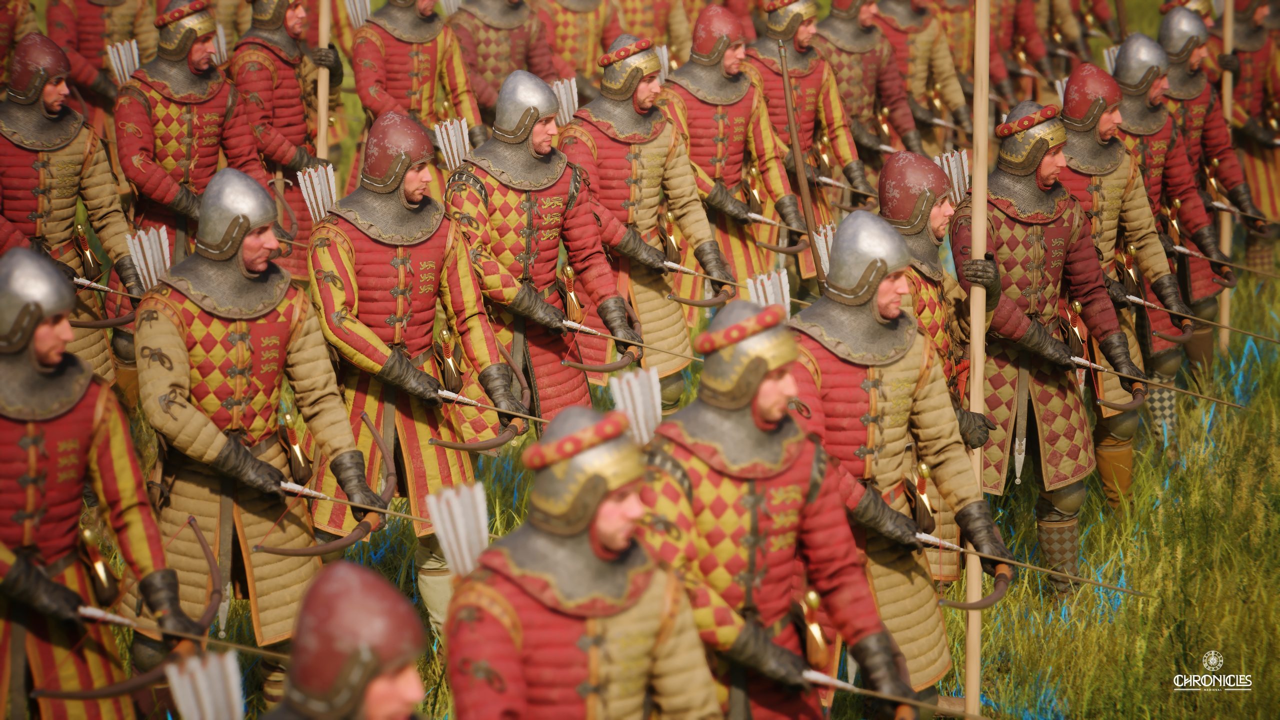 Medieval soldiers in red and yellow armor prepare their bows in the game 'Kingdom Come: Deliverance - Chronicles'.