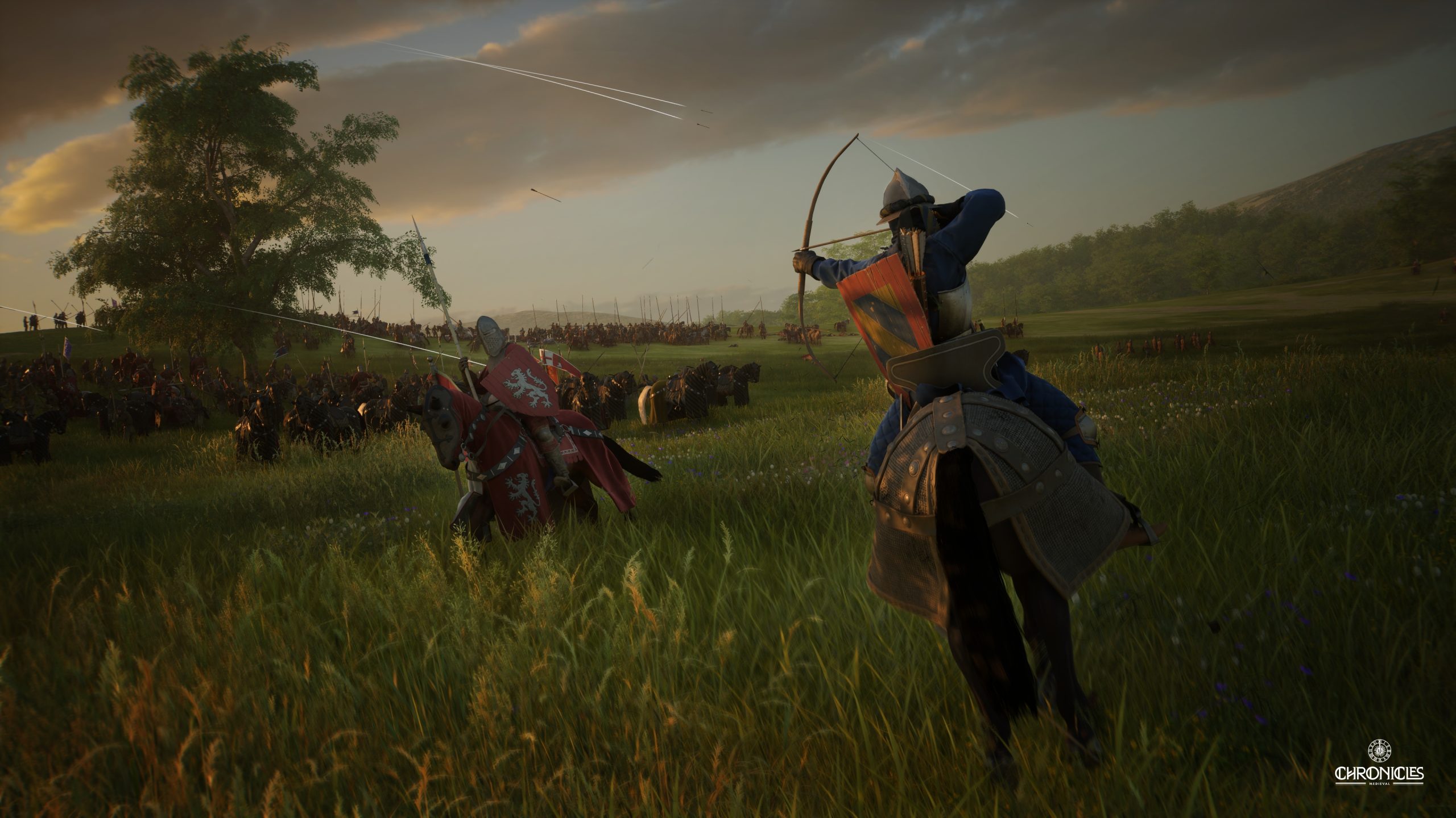 A medieval battle scene from the game 'Chronicles: Medieval' shows a mounted archer preparing to shoot an arrow while armored knights engage in combat on a grassy field.
