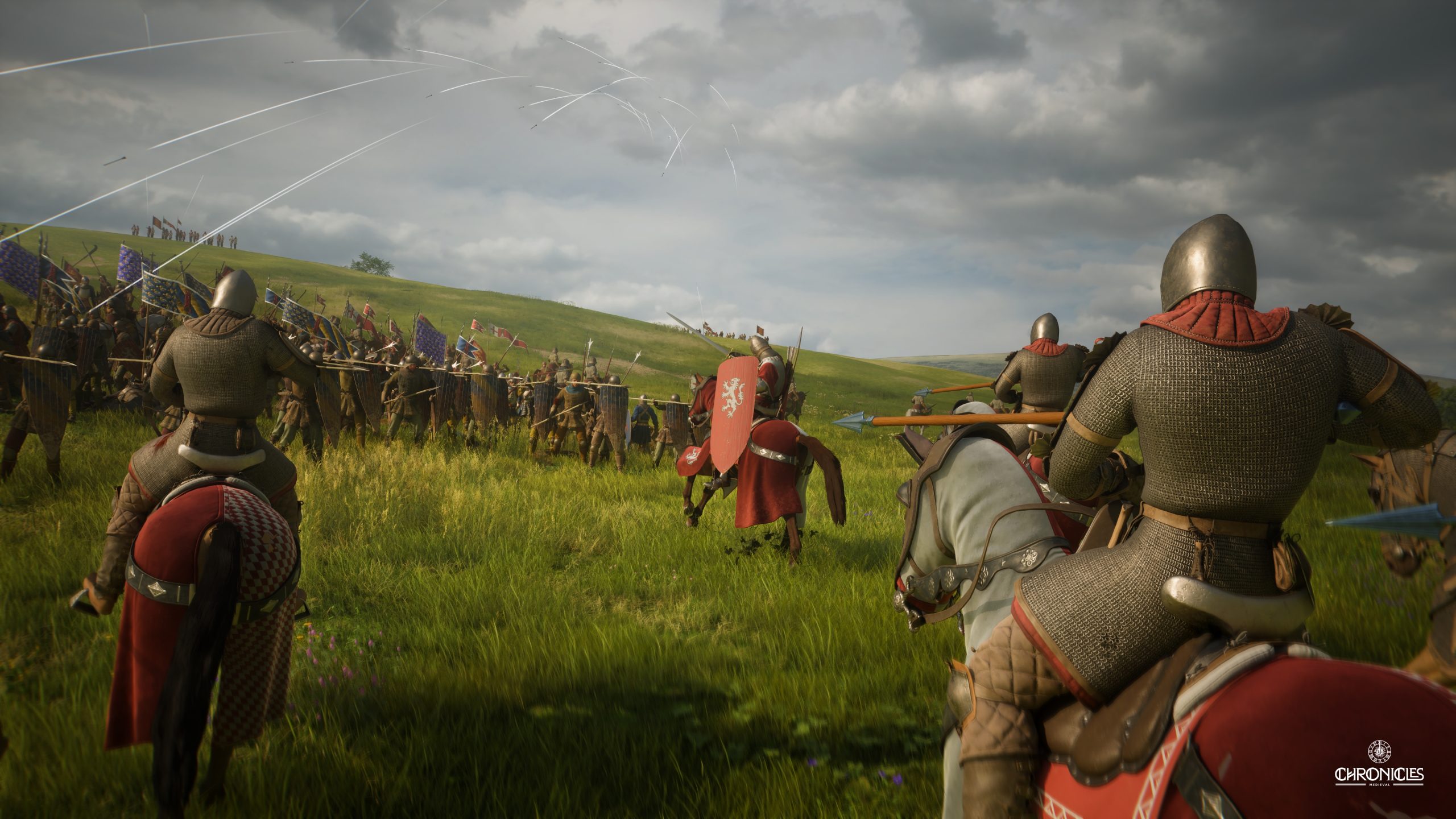 A battle scene from the game 'Chronicles: Medieval' featuring soldiers in medieval armor on horseback and foot, clashing in a grassy field.