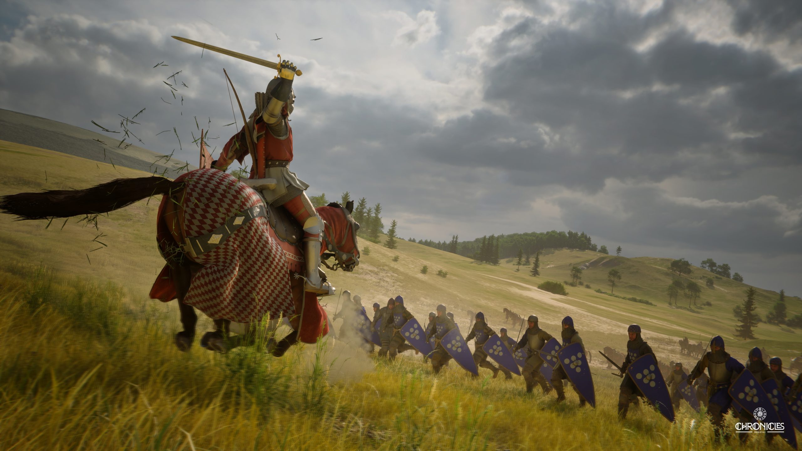 A knight on horseback charges at a line of shield-bearing soldiers in the medieval game 'Chronicles.'