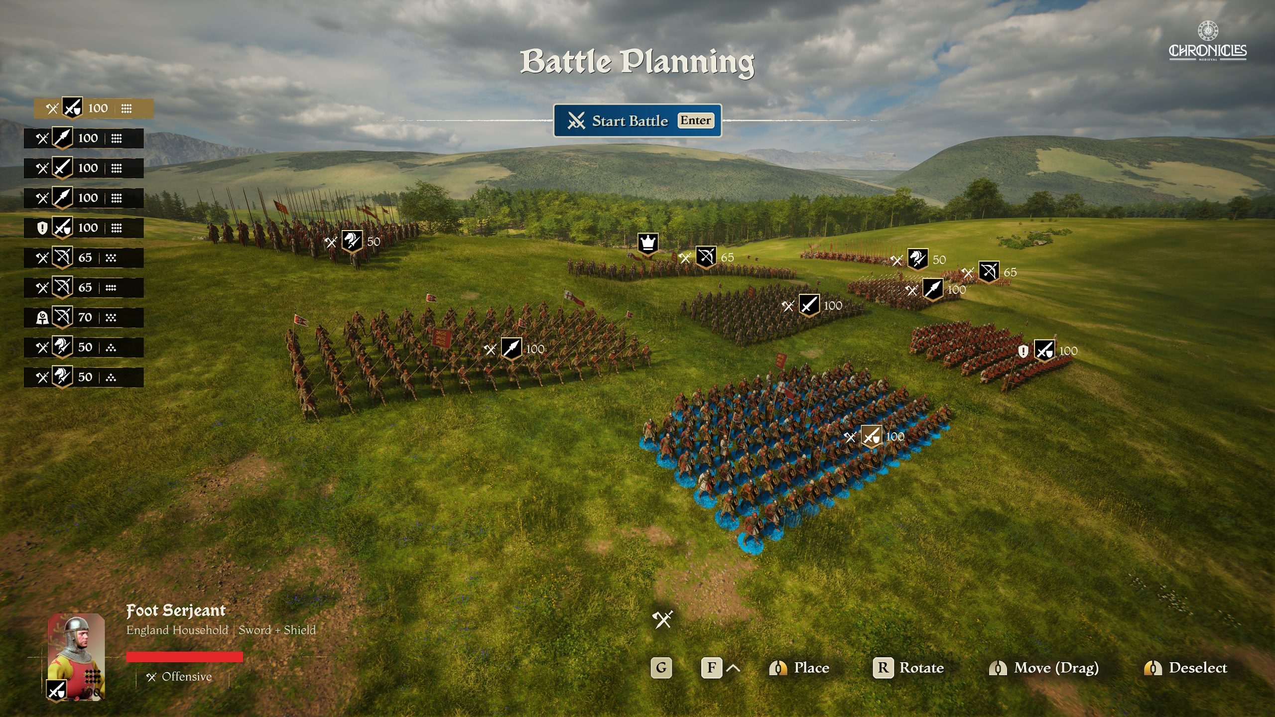 In the game Chronicles: Medieval, a battle planning screen shows various units with tactical icons, command options, and the text 'Start Battle' in the center.